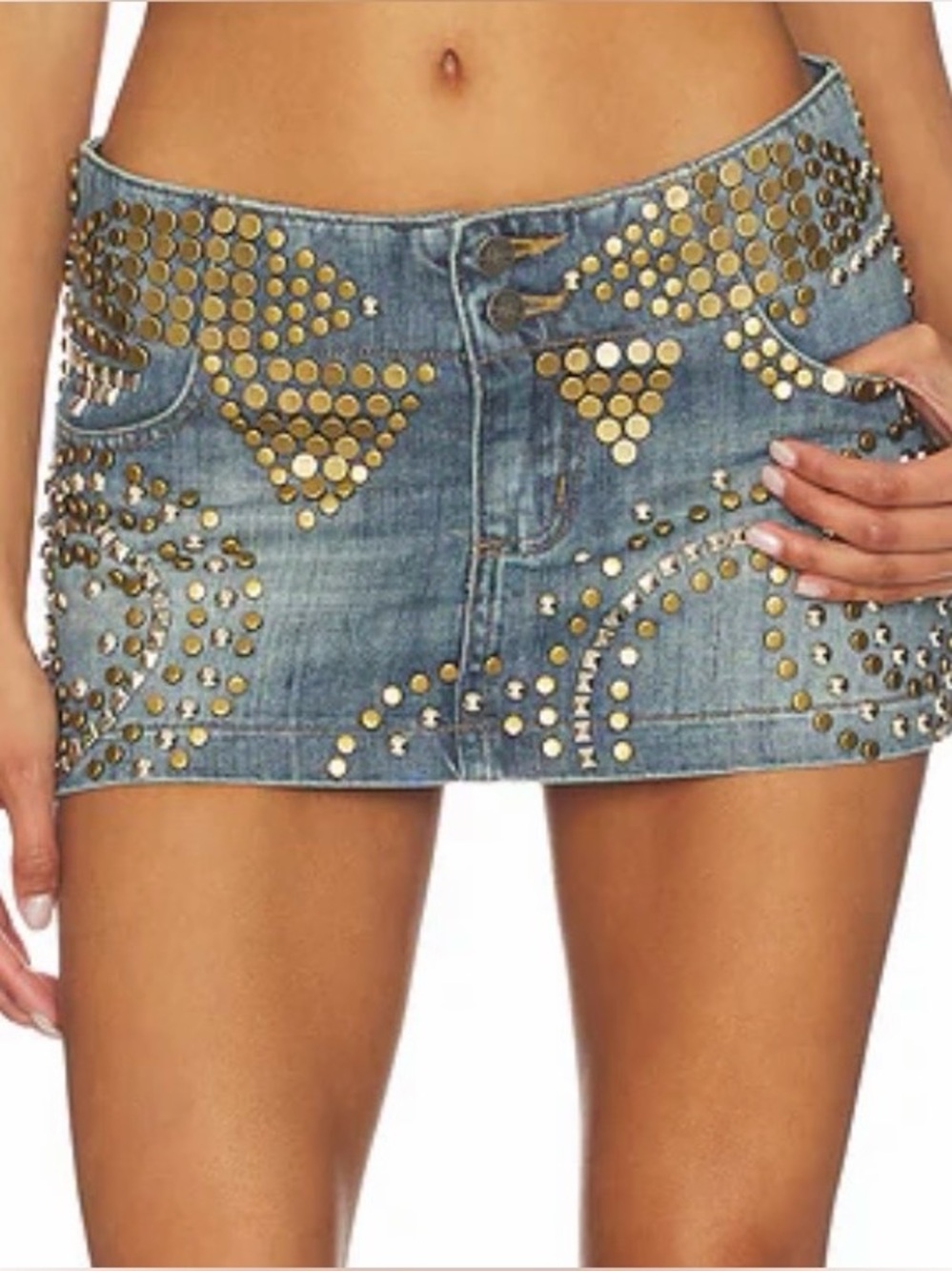 Jaded London Blue Denim Mini Skirt with Gold Studs